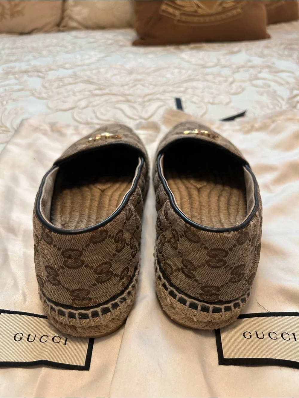 Gucci Brown Monogram GG Espadrille Slip-On Loafers with Gold Double-G